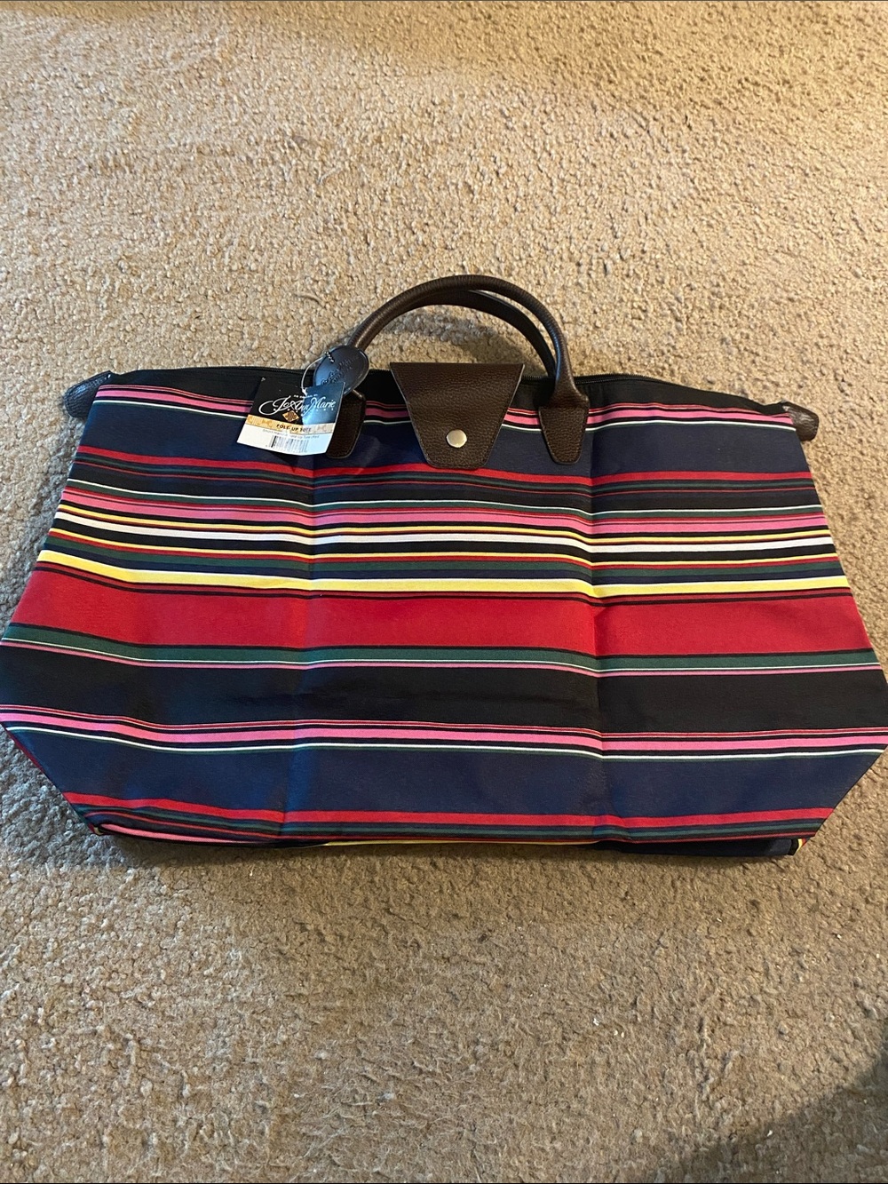 JoAnn Marie Designs Striped Foldable Tote with Brown Handles